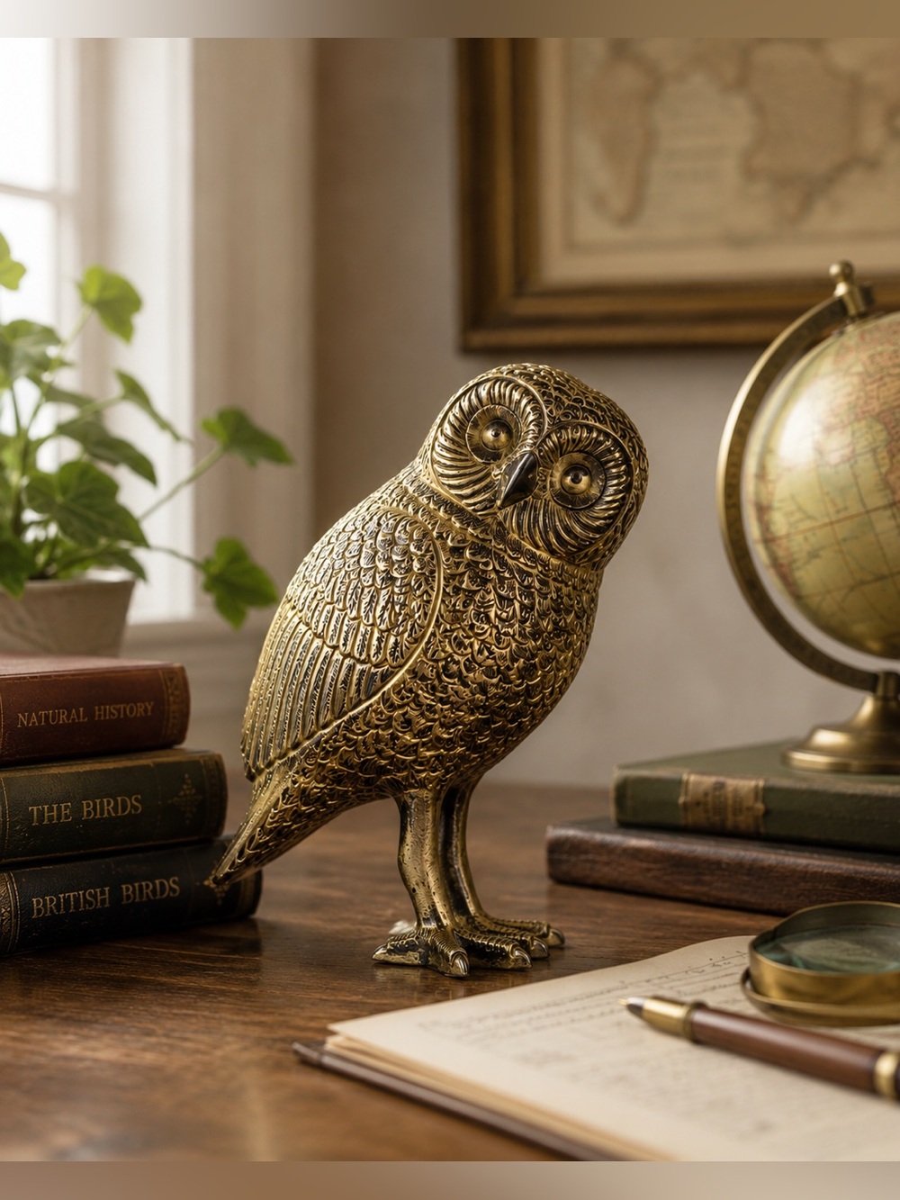 Rare Vintage India Owl Sculpture Cast Iron Bronze Finish Hand Detailed MCM